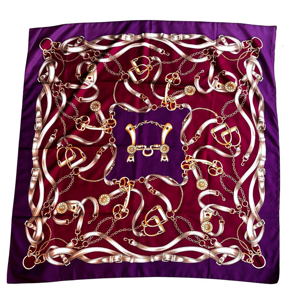 Vintage Italian silky scarf large square purple pink gold chain bit & bridle